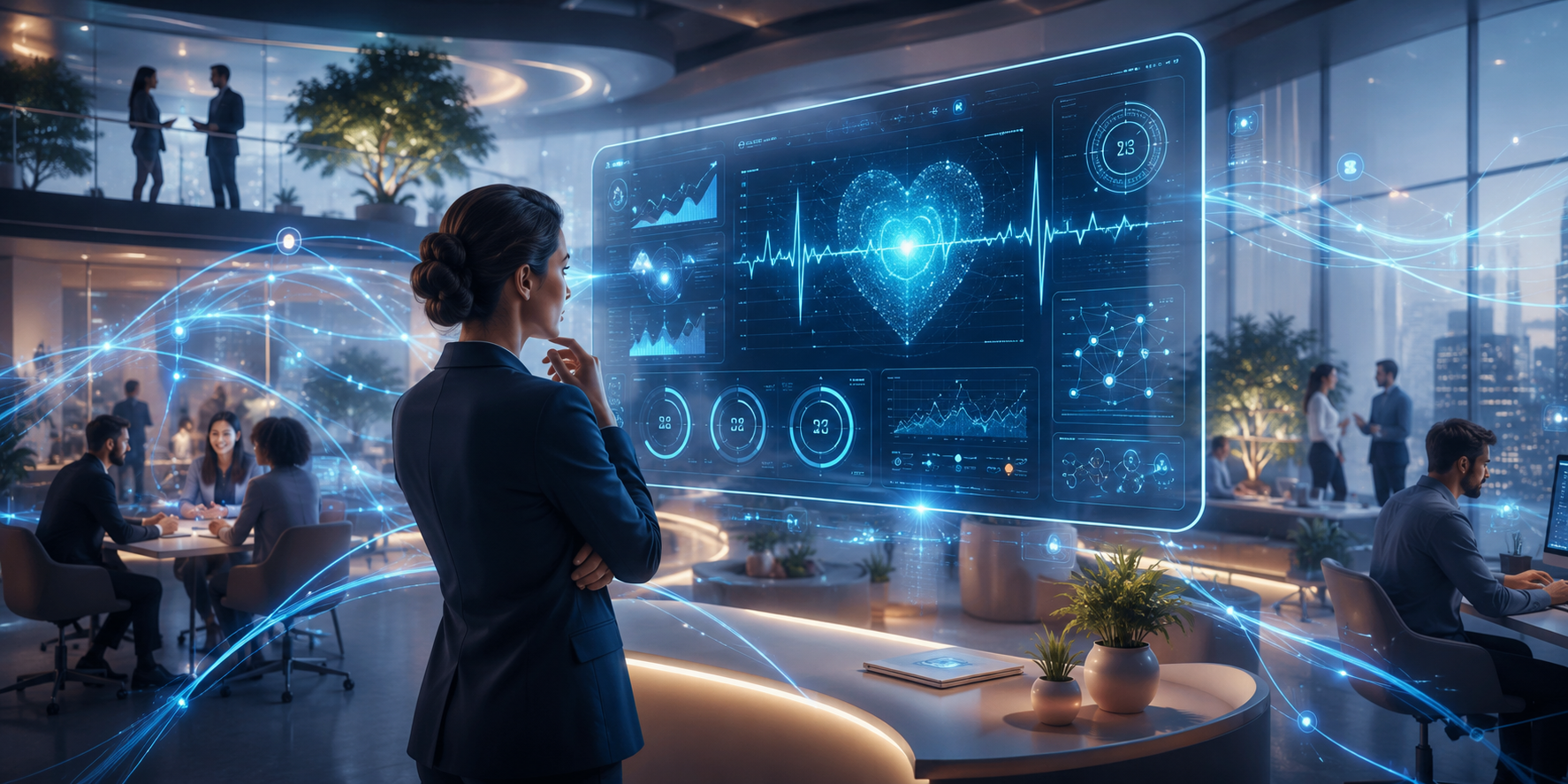 Consultora de Desenvolvimento Organizacional observa um painel digital de saúde organizacional em um escritório futurista, enquanto pessoas ao redor estão conectadas por linhas luminosas e fluxos de dados em tempo real, representando a organização como um organismo vivo. Papéis de T&D na era da IA em transformação