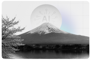 Monte Fuji com ícone de inteligência artificial sobreposto, simbolizando o equilíbrio entre IA e humano nos treinamentos híbridos