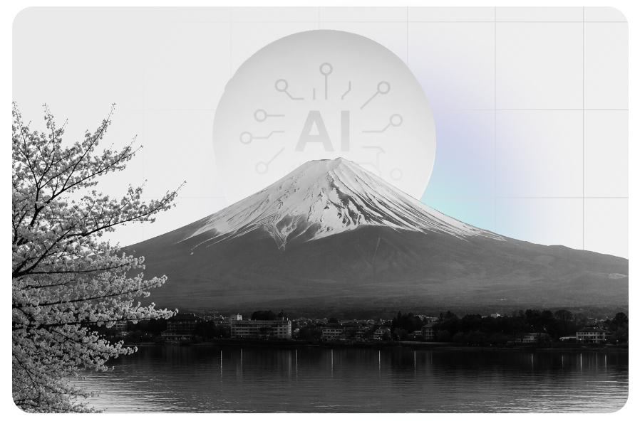 Monte Fuji com ícone de inteligência artificial sobreposto, simbolizando o equilíbrio entre IA e humano nos treinamentos híbridos