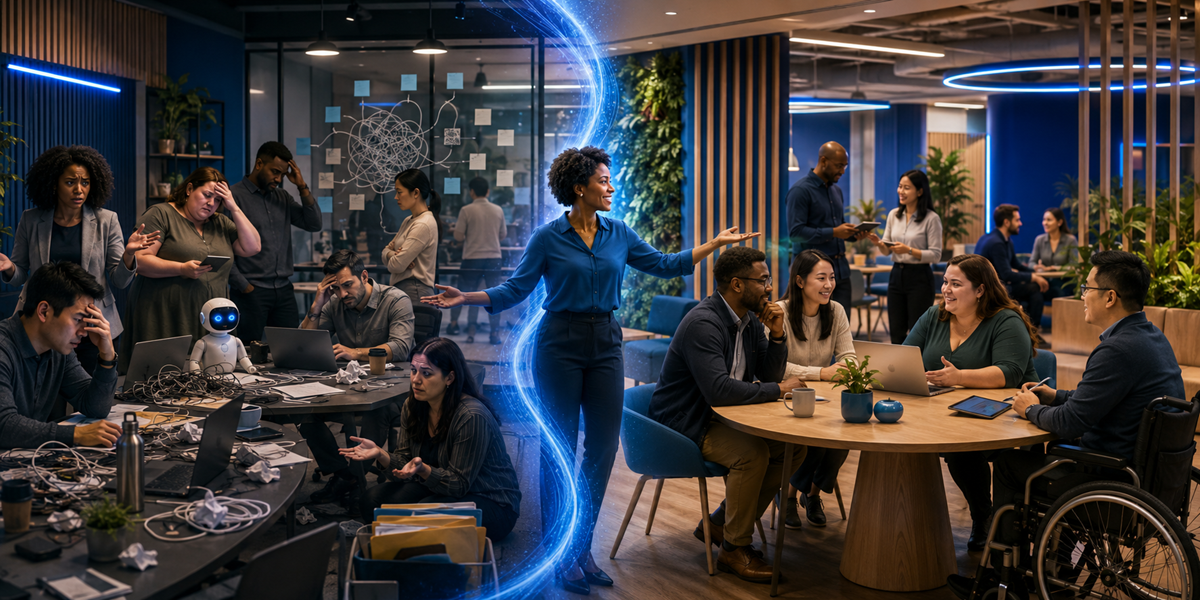 Imagem mostra a diferença entre uma implementação de IA em T&D confusa e uma abordagem estratégica, com profissionais diversos colaborando em um ambiente corporativo moderno, guiados por uma liderança que conecta tecnologia, pessoas e aprendizagem.